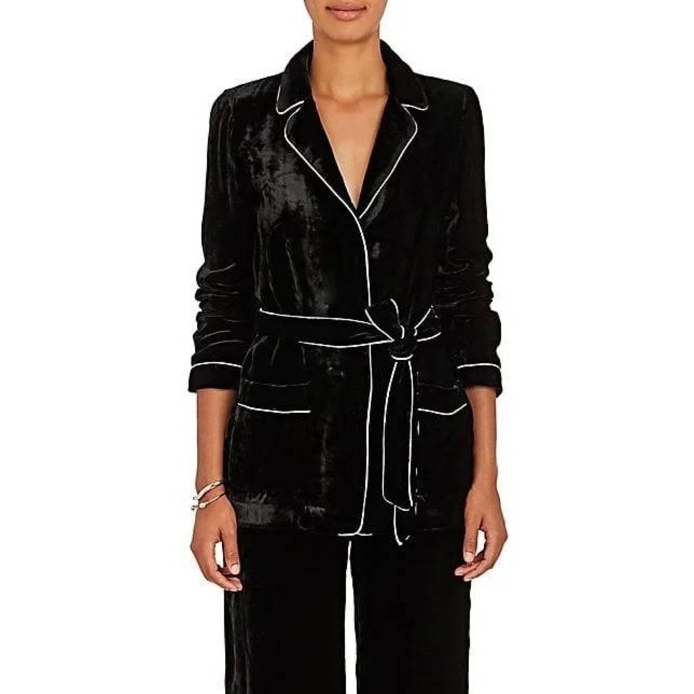 Barneys New York Velvet Robe Jacket Womens 42 Black NWT Snap Closure Waist Tie